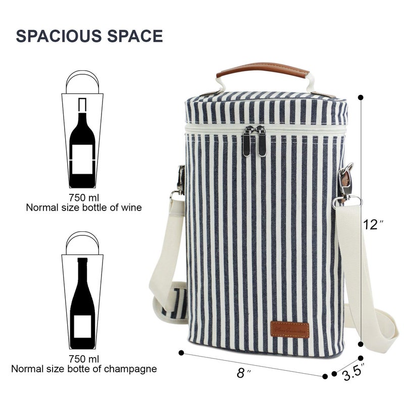 ZORMY 2 Bottle Wine Tote Carrier, Dark Blue, 750 mL Capacity, Polyester Material, With Shoulder Strap and Corkscrew - Image 5